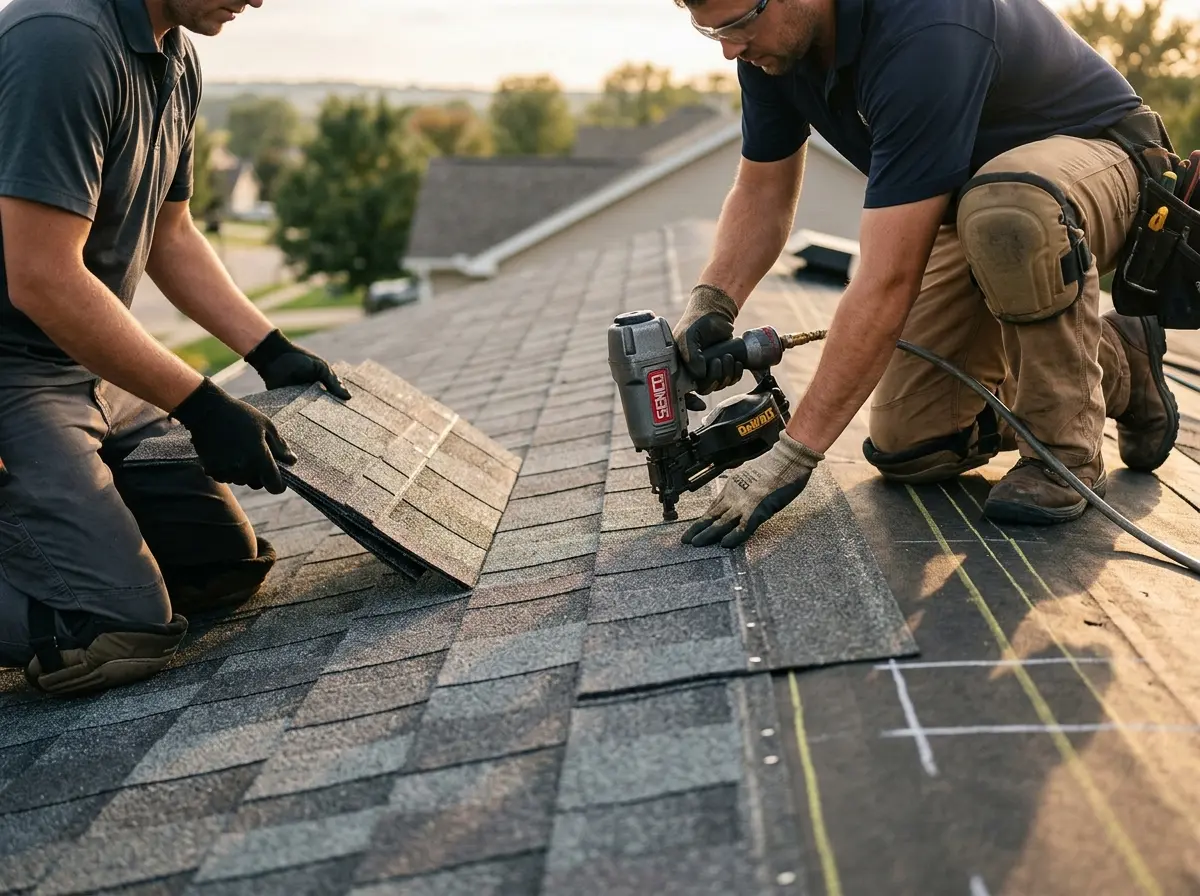 Professional roofer working on a residential roof in Orono